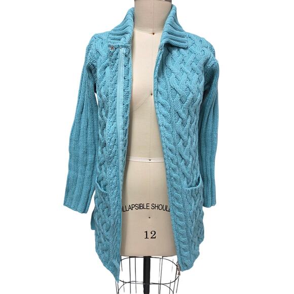Aran Crafts Ireland Merino Wool Zip Sweater Aqua Pockets Snap Collar M NWOT - Picture 4 of 8